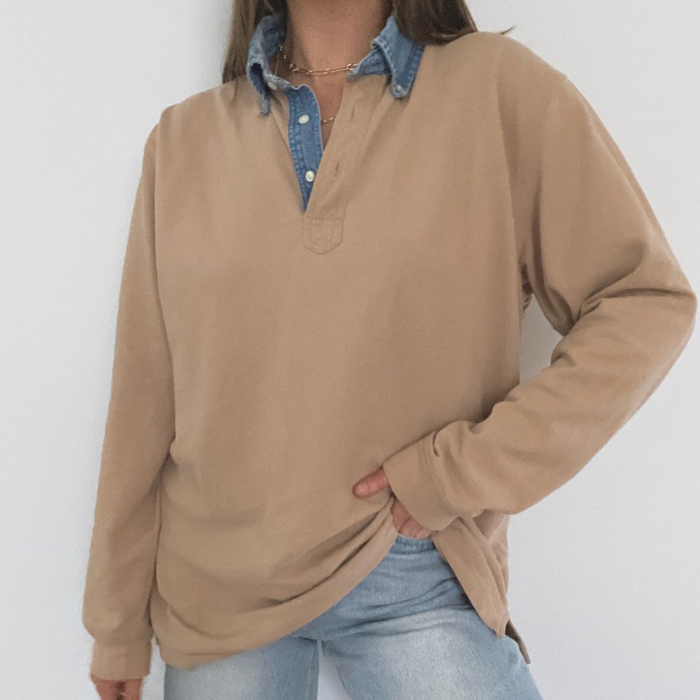 90s Oversized Tan Long Sleeve Polo Shirt with Denim Collar - Picture 4 of 8